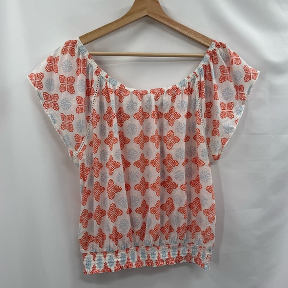 Sigrid Olsen Cotton Peasant Flutter Sleeve Printed Top | White/Orange/Blue | Med - Picture 2 of 7